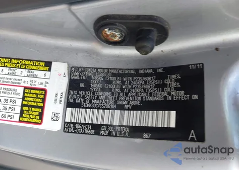 2012 Toyota Sienna Le V6 8 Passenger from USA, damaged, VIN 5TDKK3DC7CS206104